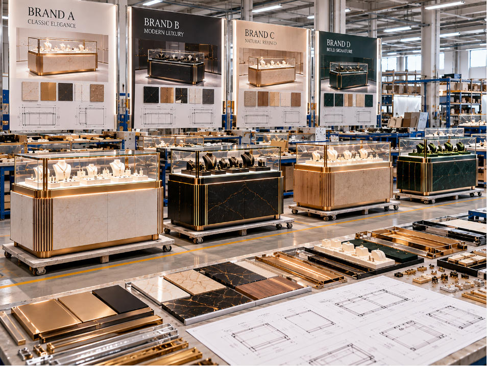 Jewelry display case factory organizing different brand specifications materials finishes and showcase types for a multi brand project