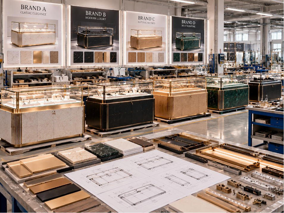 Jewelry display case manufacturing coordinating different branded showcase specifications within one multi brand retail project