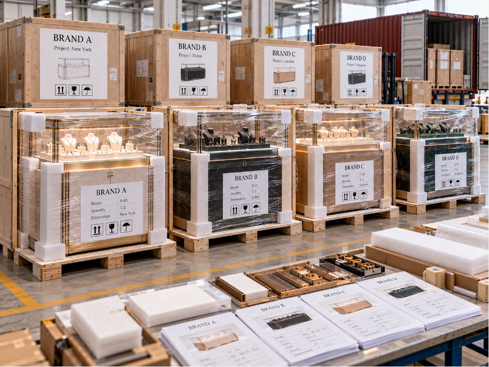 Jewelry display cases packed and identified by jewelry brand fixture reference quantity and project destination