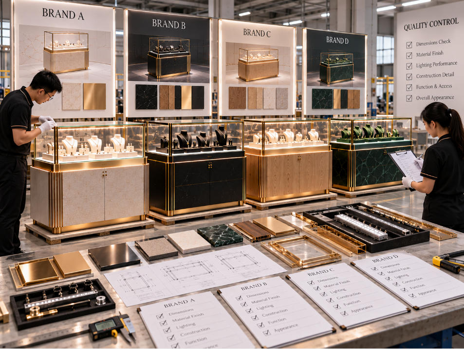 Quality control comparing jewelry display cases with separate brand material finish lighting and construction specifications
