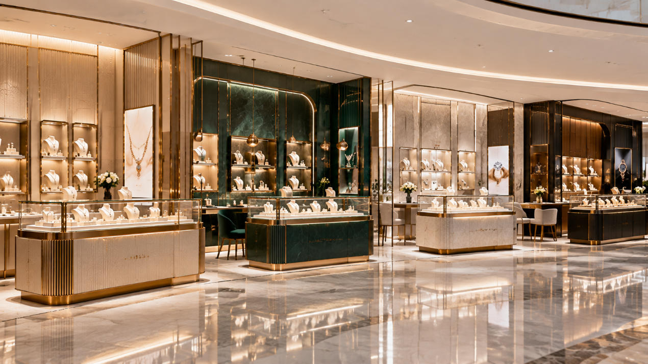 Multi brand jewelry display cases developed for different jewelry brand identities within a coordinated retail environment