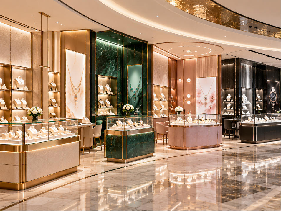 Different jewelry brand display identities using distinct materials colors lighting and showcase designs within one retail environment