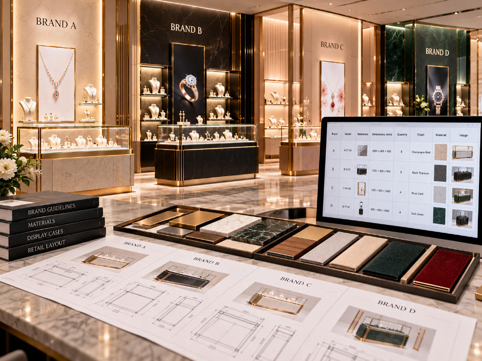 Multi brand jewelry display specification coordinating brand codes showcase references materials finishes dimensions and quantities