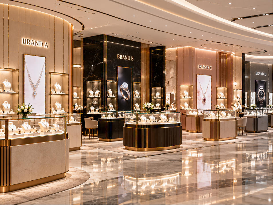 Multi brand jewelry retail zoning coordinating separate branded showcase areas within a shared jewelry store environment