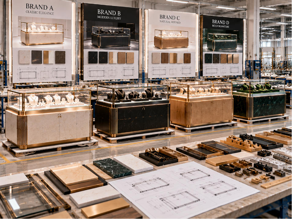 Jewelry showcase manufacturing producing distinct display families for multiple jewelry brands within one coordinated project