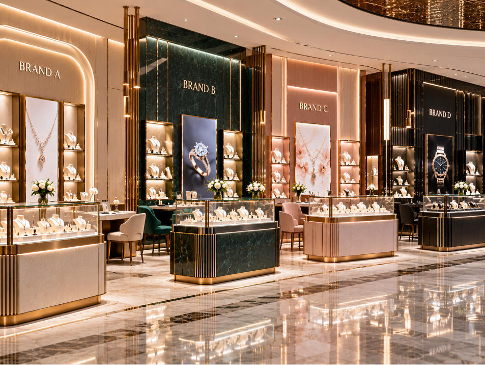 Multi brand jewelry showcases using different branded materials lighting forms and display details within a coordinated retail project