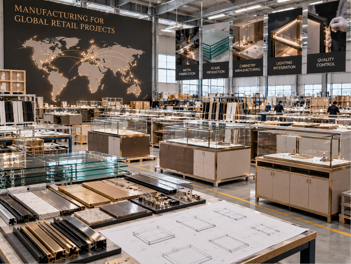 Display case factory coordinating glass metal cabinetry lighting assembly and different international project specifications