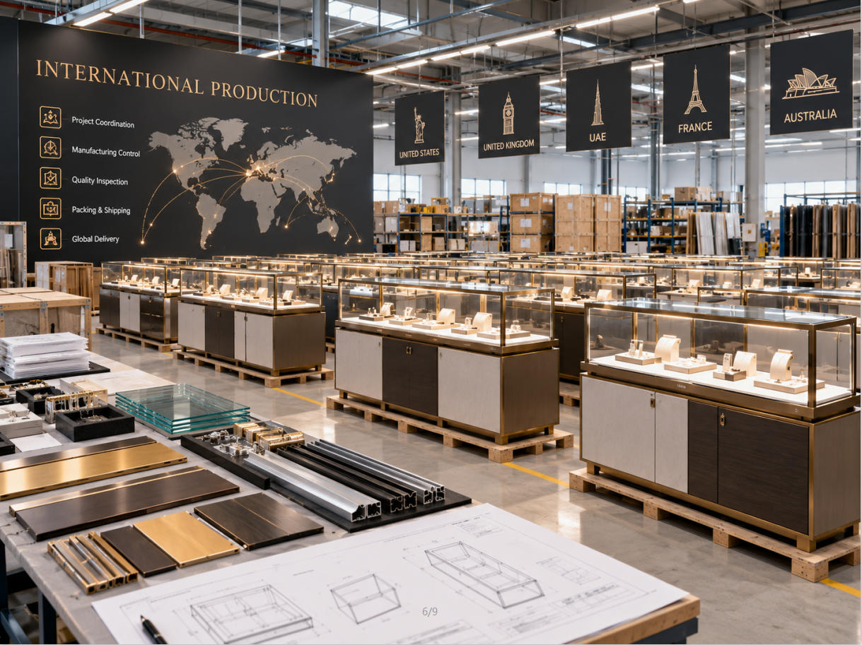 Multi country display case manufacturing coordinating approved fixture references materials quantities and specifications for international retail projects