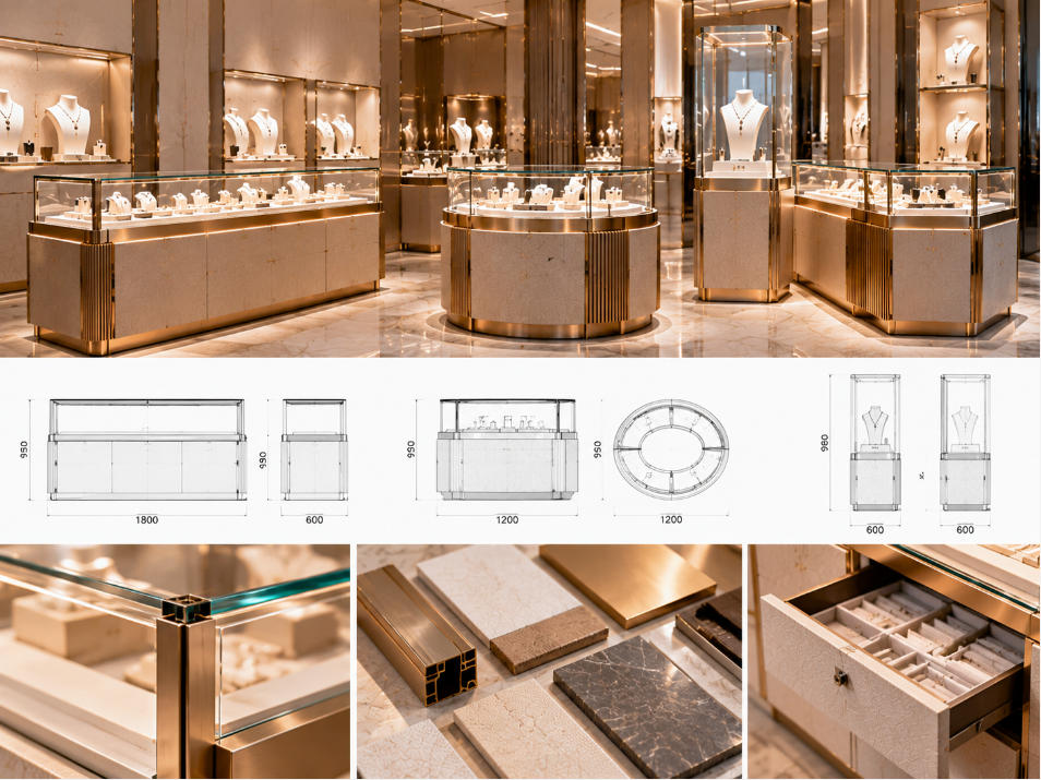 Custom jewelry display cases adapted to location-specific dimensions while maintaining consistent jewelry brand standards