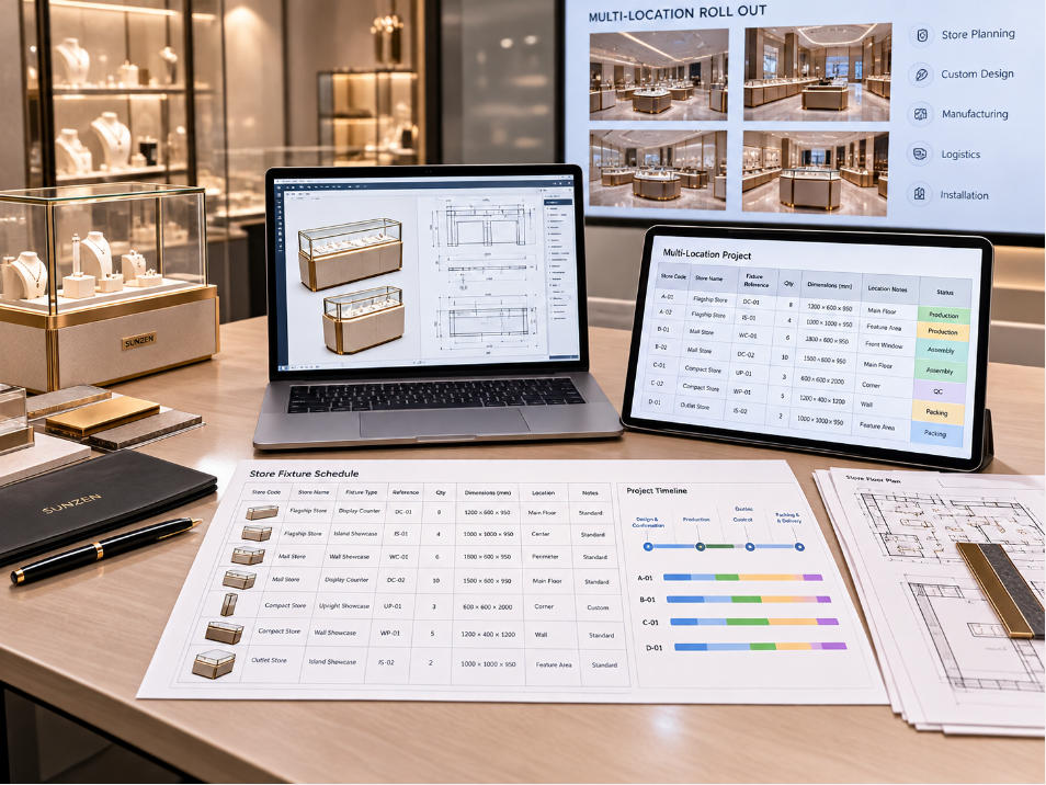 Jewelry display cases organized by store code fixture reference quantity and location-specific production schedule