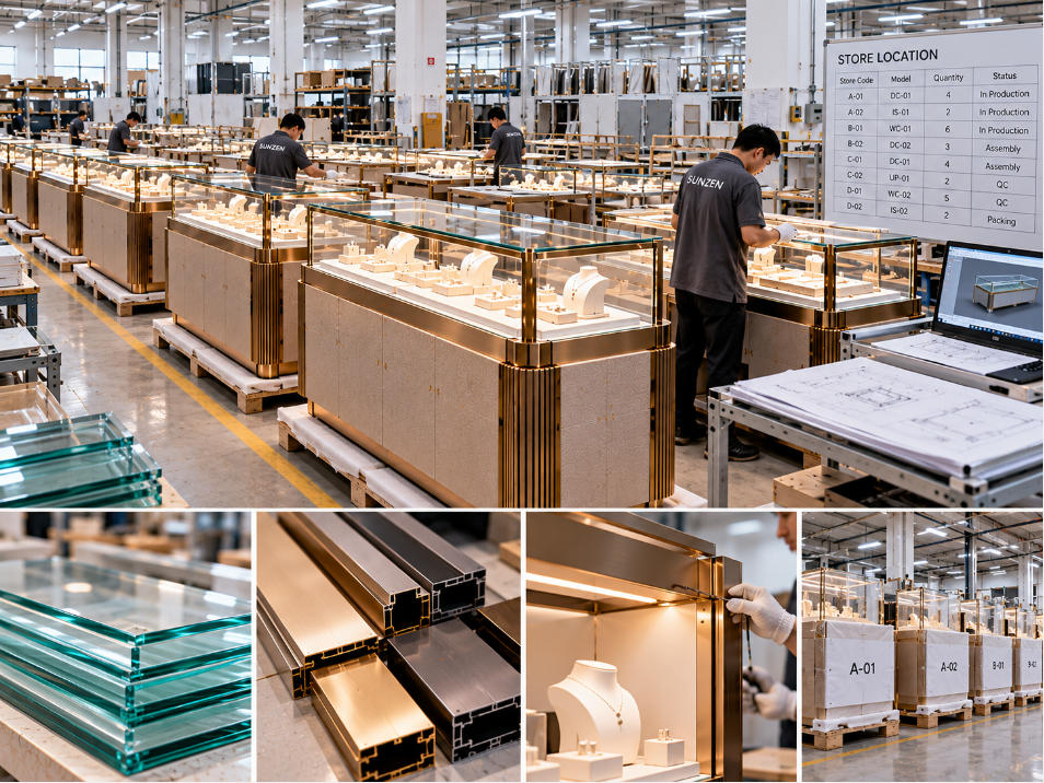 Jewelry display case factory producing coordinated showcase types and controlled variants for multiple jewelry store locations