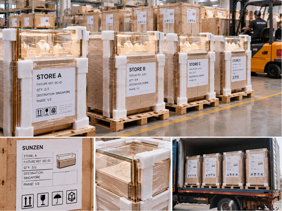 Jewelry display cases packed and identified by fixture reference store destination and location-specific rollout phase