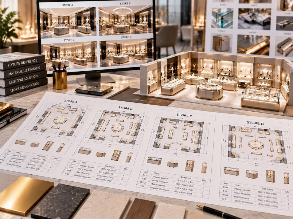 Multi location jewelry display case planning coordinating floor plans showcase references dimensions quantities and store requirements