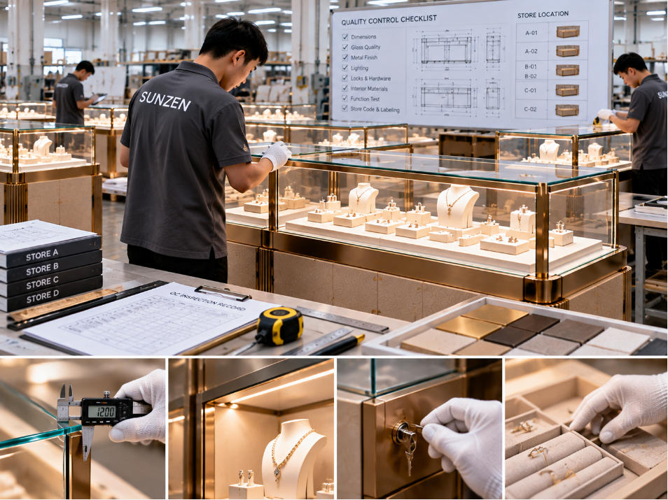 Quality control checking jewelry display case dimensions glass finishes lighting locks and location-specific specifications