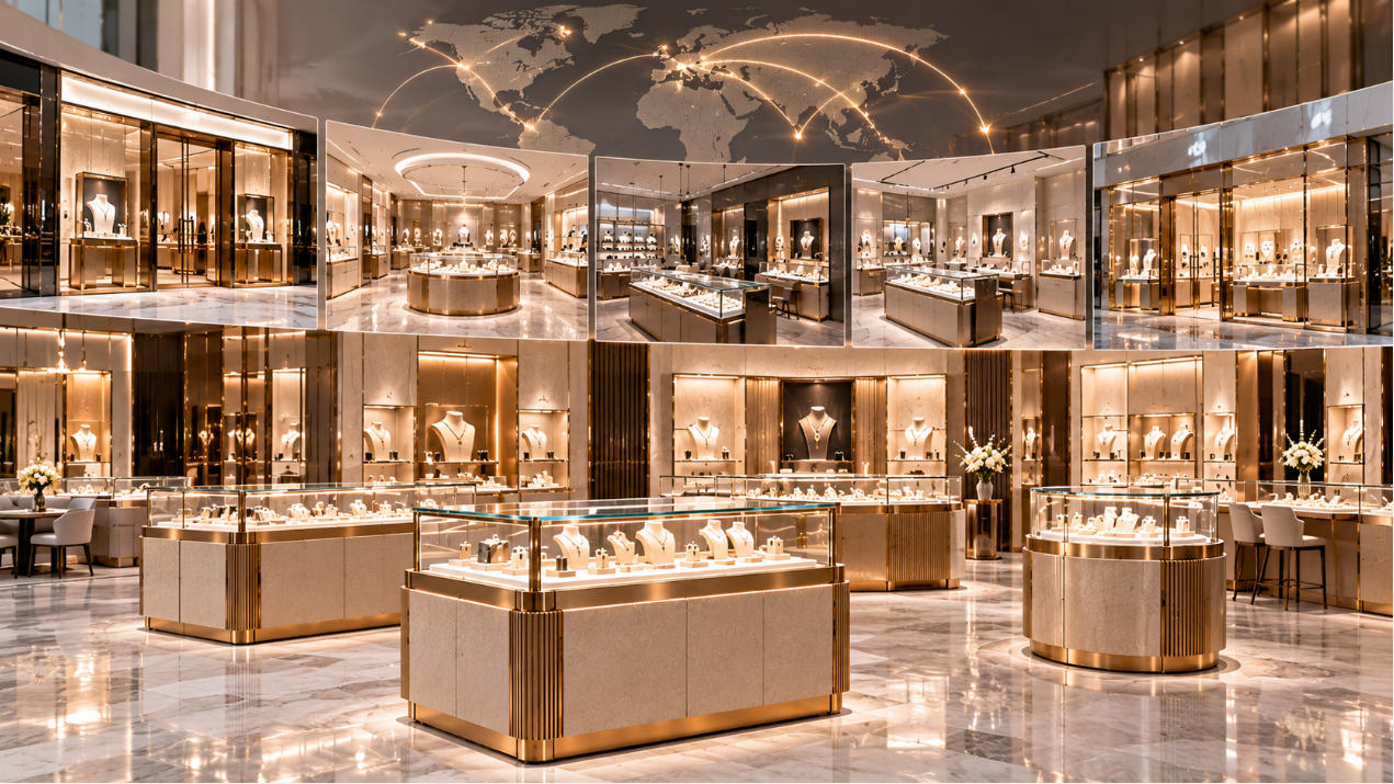 Multi location jewelry display cases adapted to different jewelry store layouts while maintaining consistent brand presentation