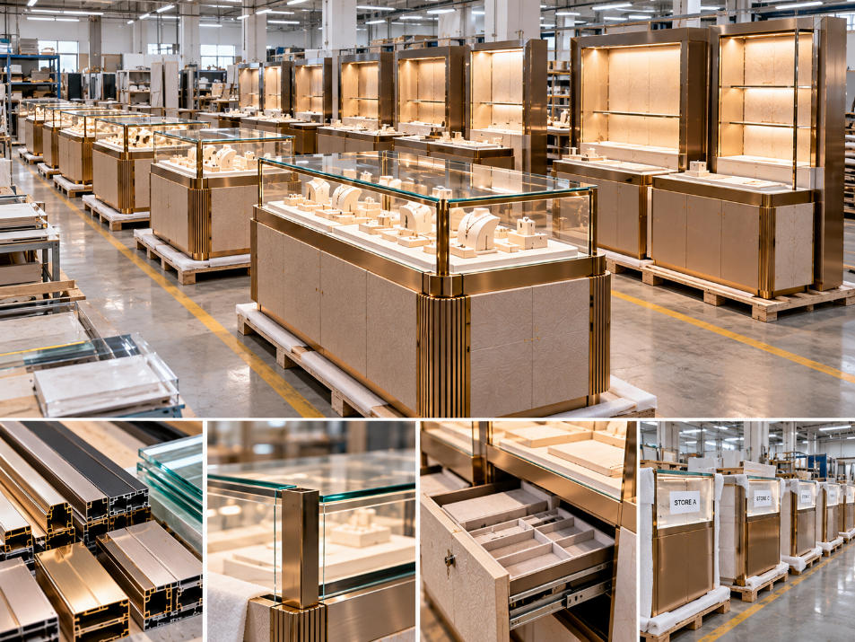 Jewelry store fixture manufacturing coordinating display cases wall fixtures counters and location-specific retail components