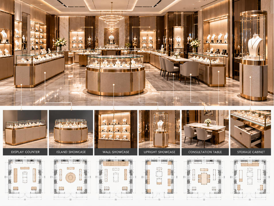 Multi location jewelry store fixtures coordinating display cases wall units consultation furniture and storage across different locations
