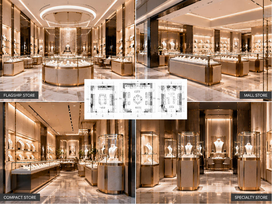 Different jewelry store layouts using coordinated display cases adapted to individual retail locations