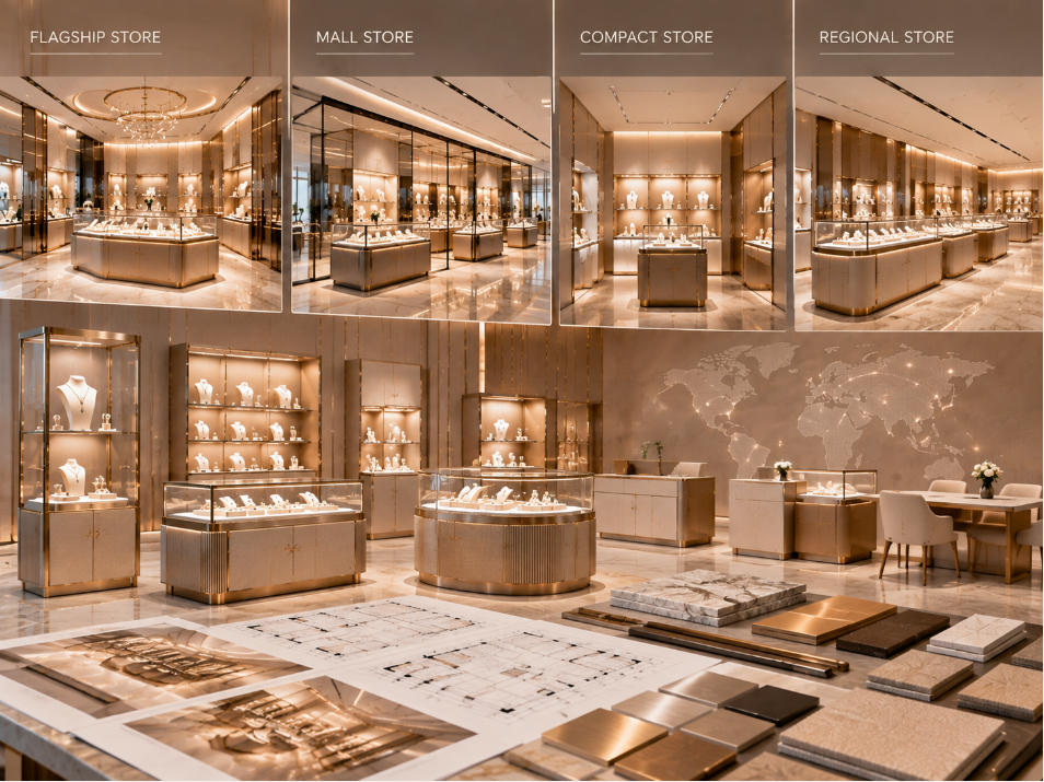 Multi location retail display solutions adapting a consistent branded fixture system to flagship mall compact and regional store formats