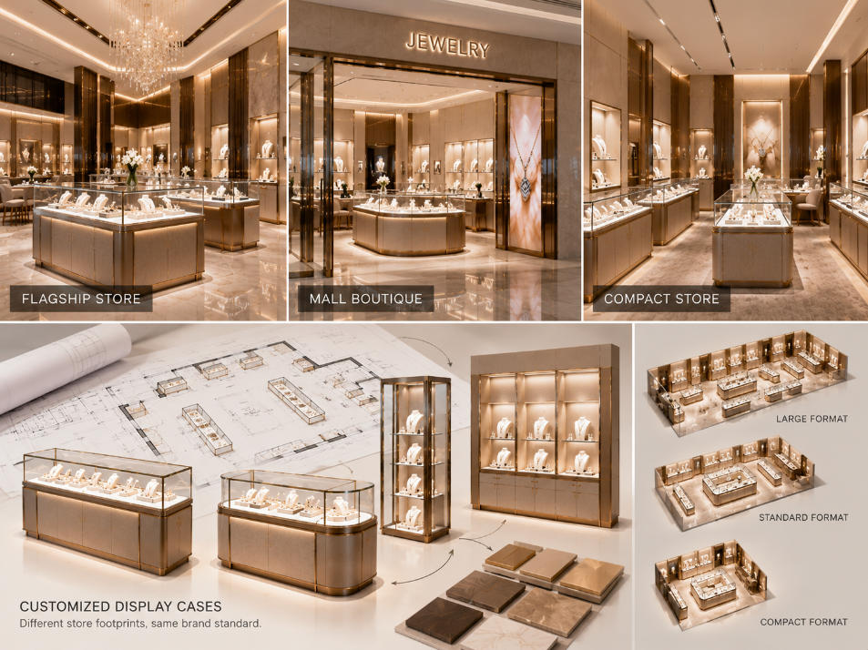 Custom jewelry display cases adapted for different store footprints while maintaining approved multi-store brand standards