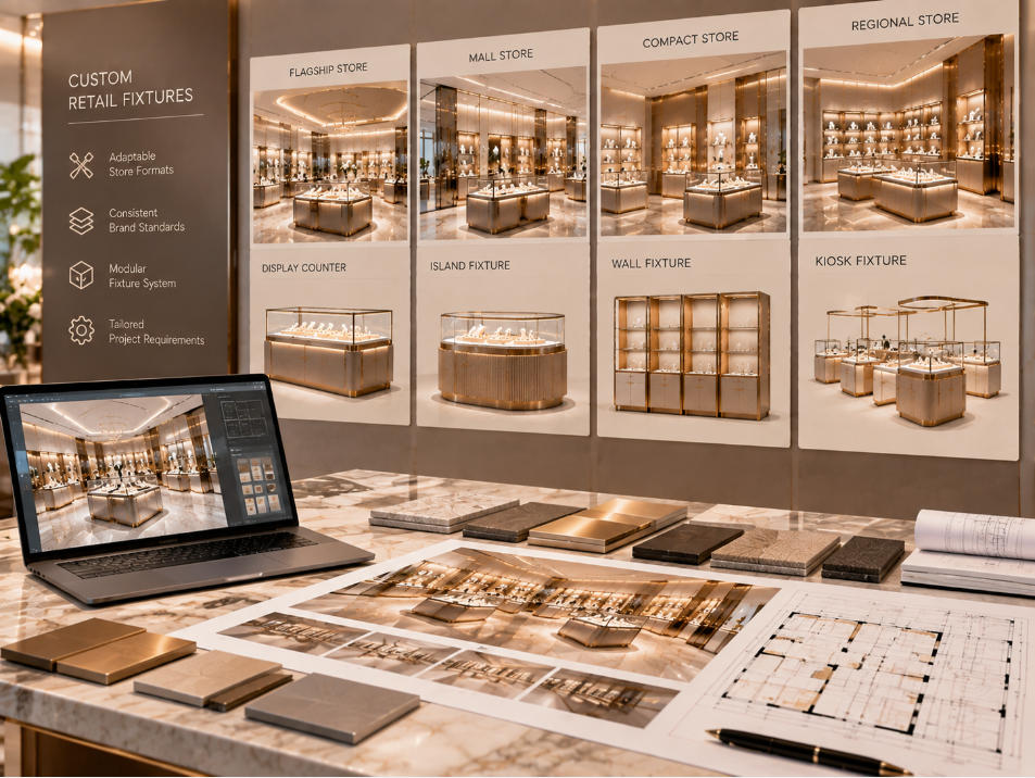 Custom retail fixtures adapted to different store footprints while maintaining approved materials finishes and brand presentation standards