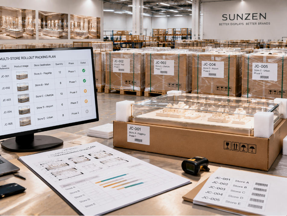Multi store jewelry display cases identified by case reference store destination and rollout phase before project delivery