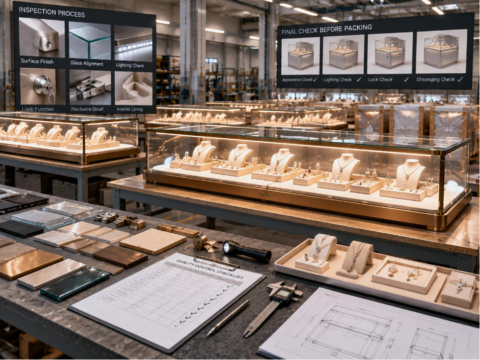 Quality control for multi store jewelry display cases checking finish consistency glass lighting locks doors and approved showcase specifications