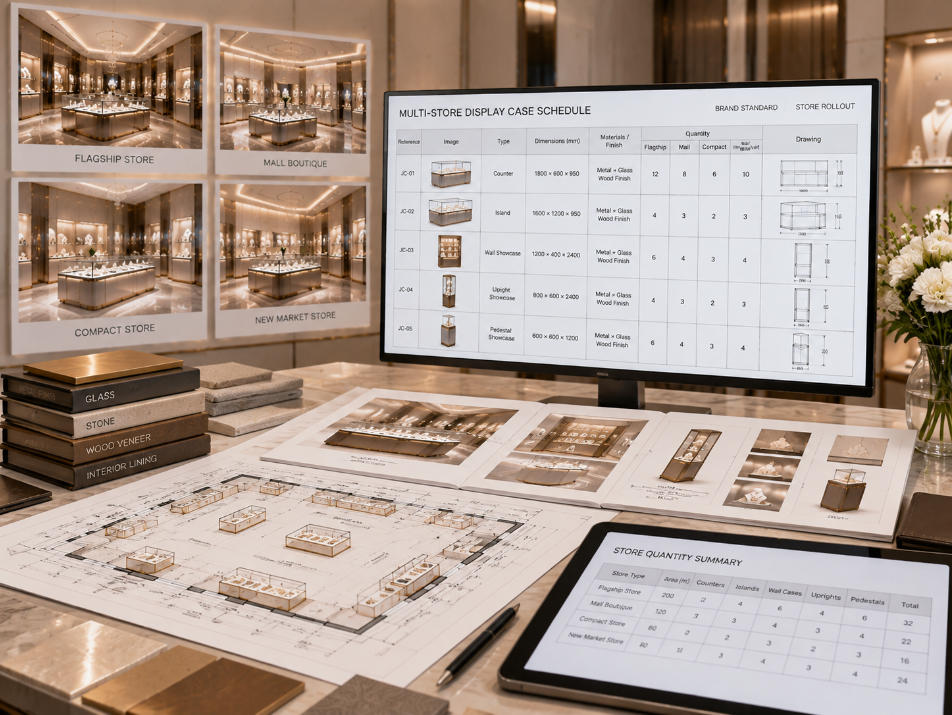 Multi store jewelry display case schedule coordinating approved case references specifications quantities and individual retail locations