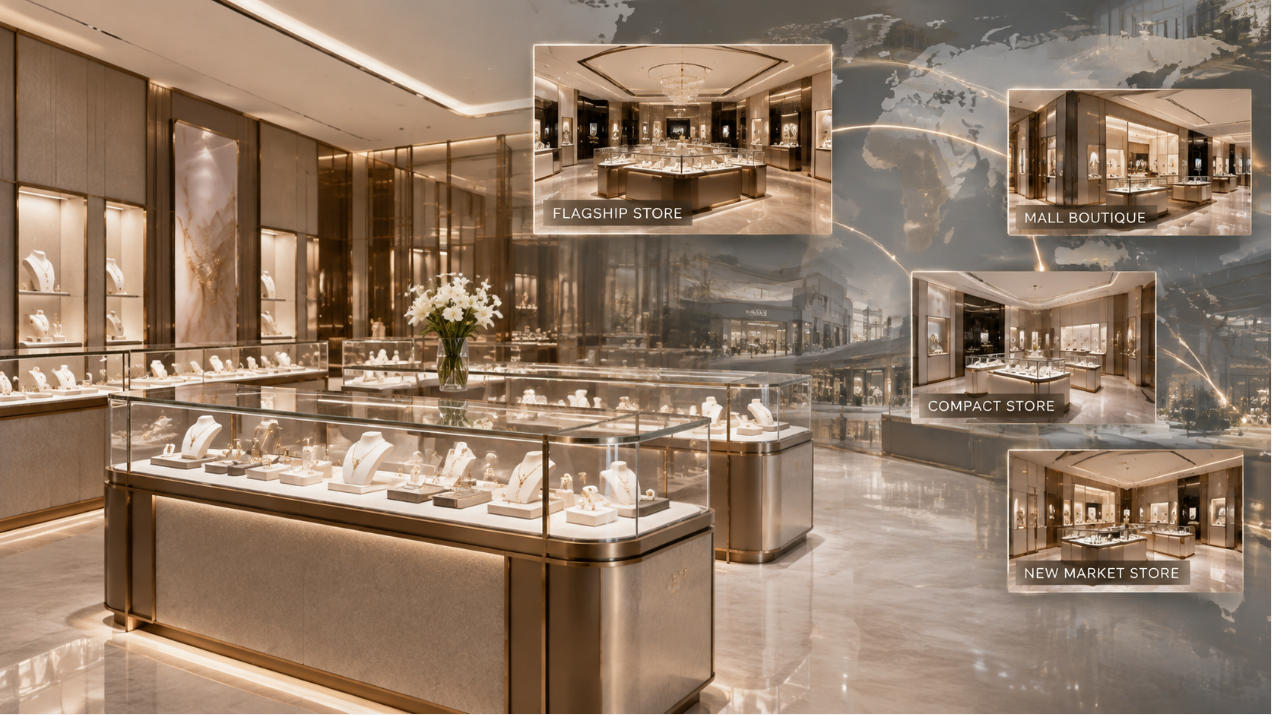 Multi store jewelry display cases developed for consistent jewelry brand rollouts across multiple retail locations