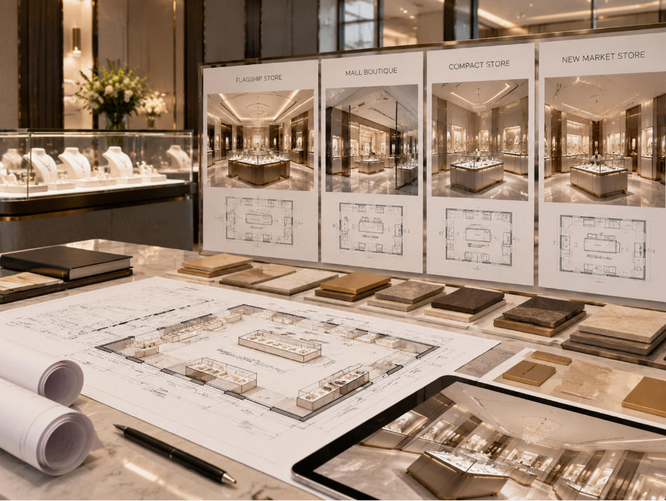 Multi store jewelry display planning coordinating repeatable showcase standards with different jewelry store layouts and locations