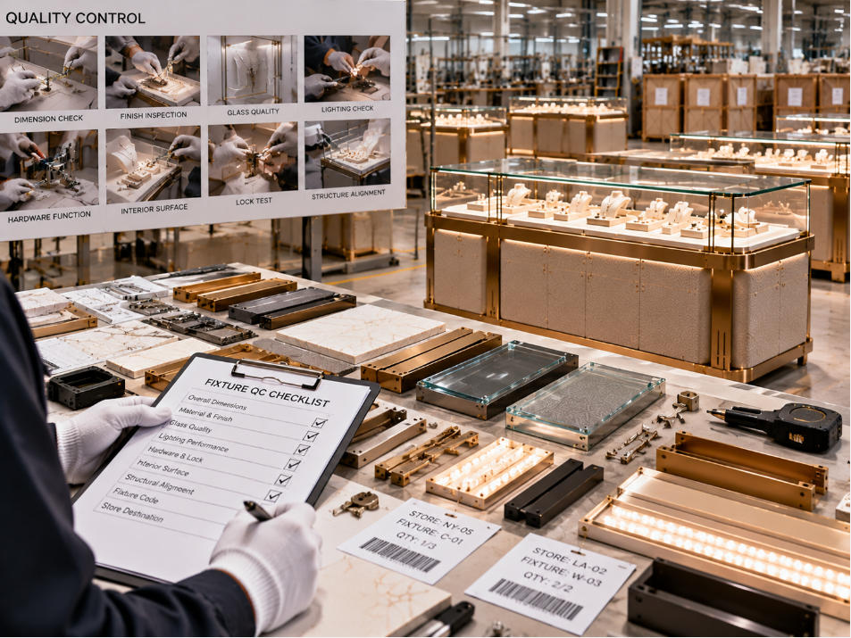 Quality control comparing multi store jewelry fixtures materials finishes glass lighting hardware and construction standards