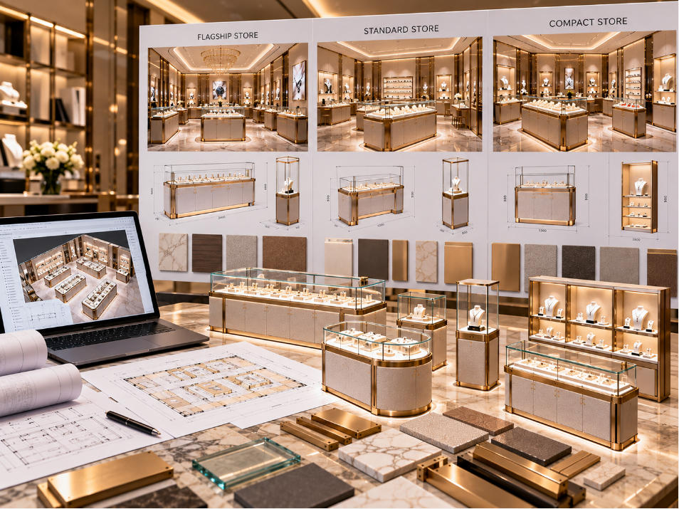 Multi store jewelry fixture system showing coordinated counters wall displays islands and controlled variations for different store formats