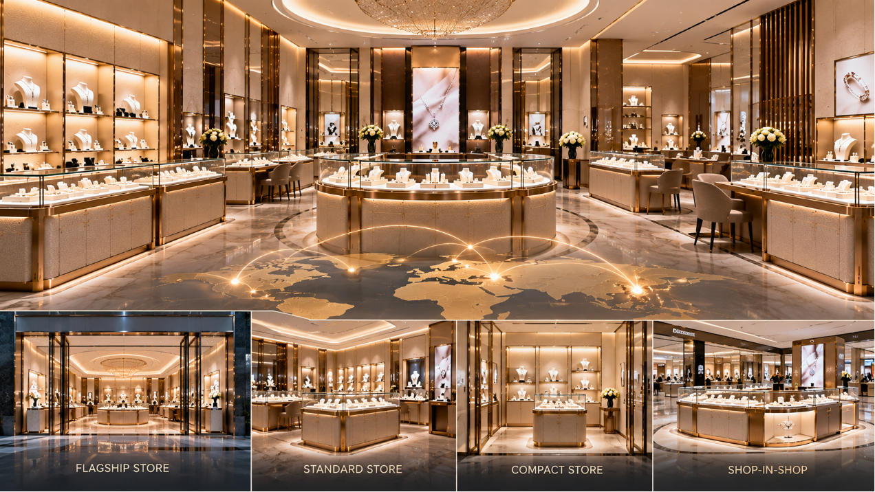 Multi store jewelry fixtures creating a consistent branded retail system across different jewelry store locations