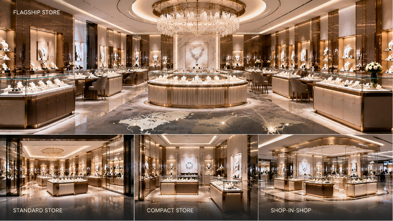 Completed multi store jewelry fixture system maintaining consistent brand presentation across different jewelry retail locations