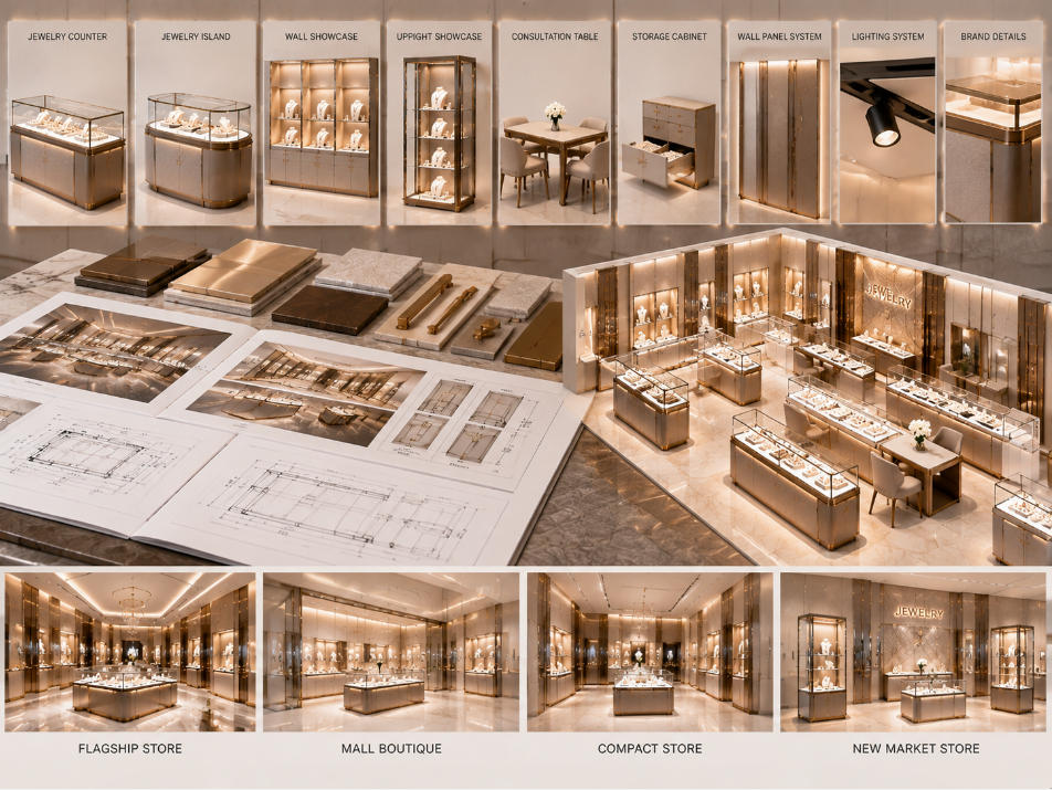 Multi store jewelry fixtures coordinating display cases consultation furniture wall elements and branded retail components across locations
