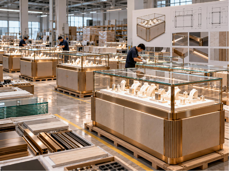 Custom retail display cases manufactured as part of a coordinated multi-store fixture and brand rollout program