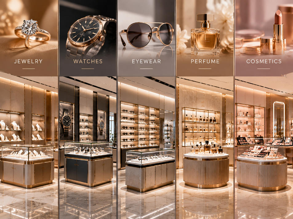 Retail display systems adapted for jewelry watch eyewear perfume and cosmetics while maintaining consistent multi-store brand standards