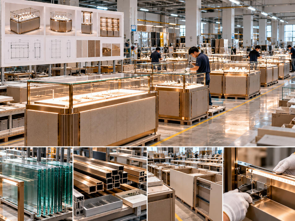 Factory production coordinating glass metal cabinetry lighting and custom retail fixtures for multi-store brand rollout projects