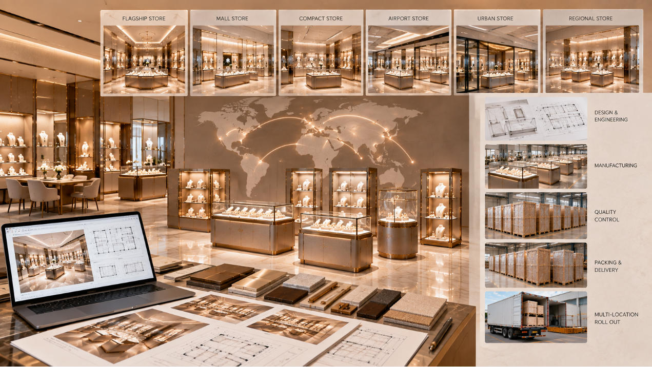 Multi store retail display solutions developed for consistent brand rollouts across multiple retail locations and store formats
