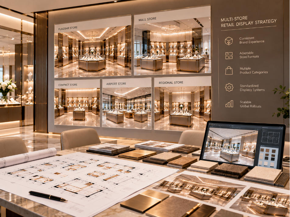 Multi store retail display strategy coordinating consistent brand standards with different store formats layouts and product categories