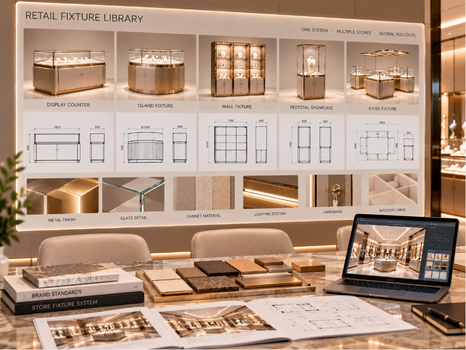 Multi store retail fixture library coordinating approved display references dimensions materials finishes and store-specific quantities