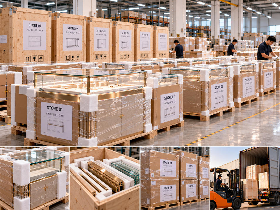 Retail fixtures organized by fixture reference store destination and rollout phase for multi-location brand deployment