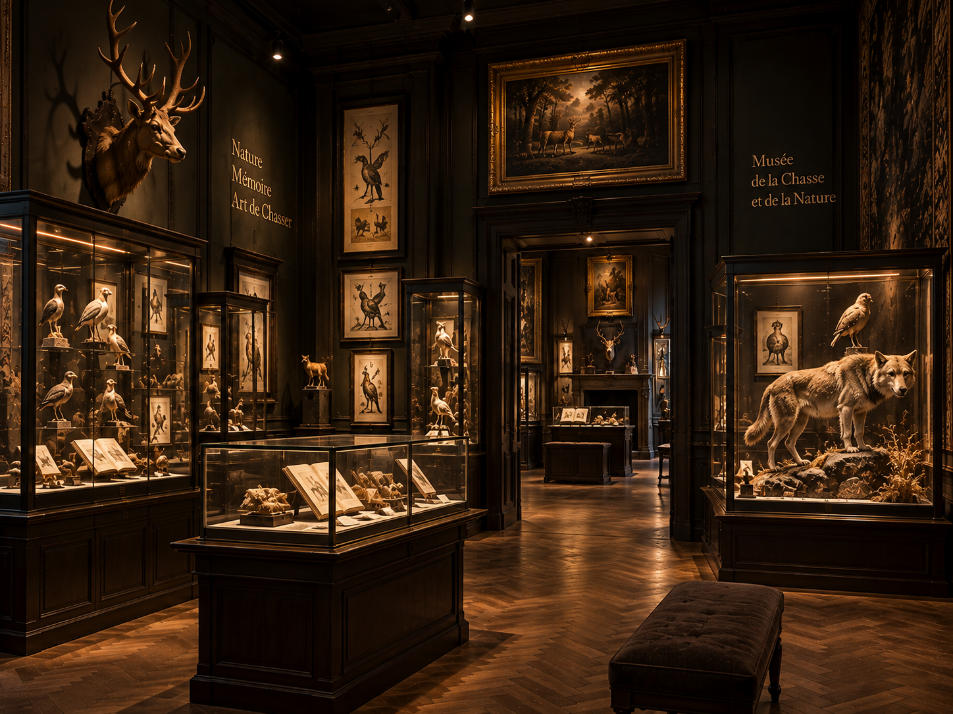 Dark French nature museum gallery with animal specimens historic interiors and immersive exhibition design
