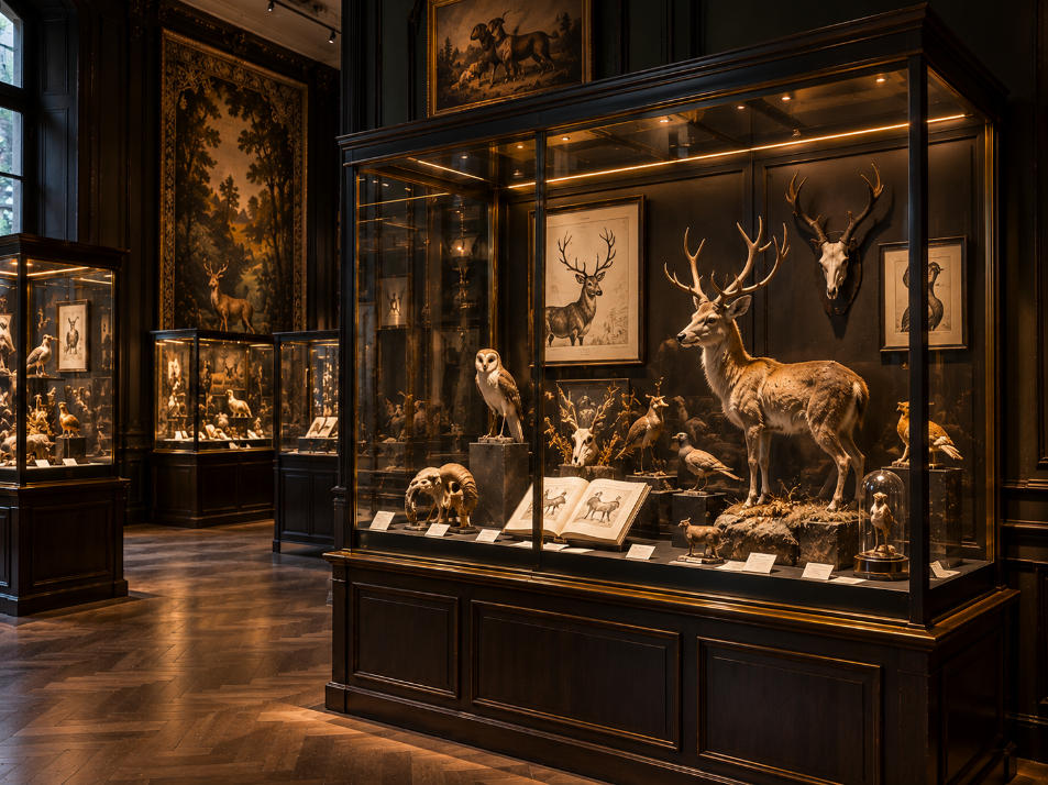 Natural history museum specimen display case with dark wood brass black steel and warm lighting