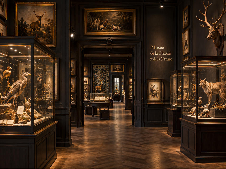 Musée de la Chasse et de la Nature Paris layout with dark nature galleries taxidermy displays historic French rooms and immersive circulation