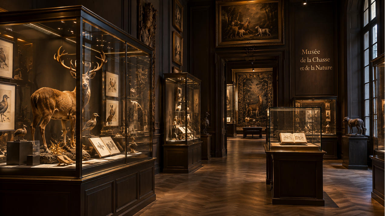 Musée de la Chasse et de la Nature Paris natural history museum display cases in dark French vintage gallery