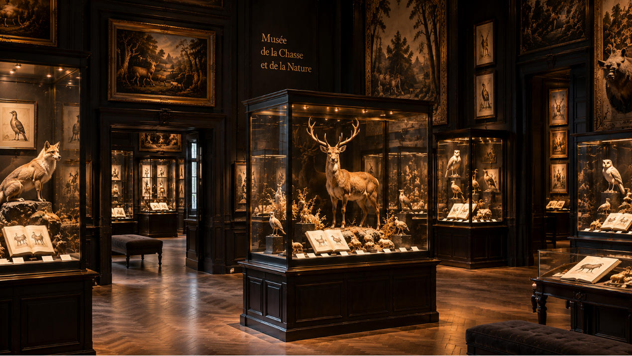 Completed Musée de la Chasse et de la Nature Paris interior with natural history museum display cases taxidermy and dark French galleries