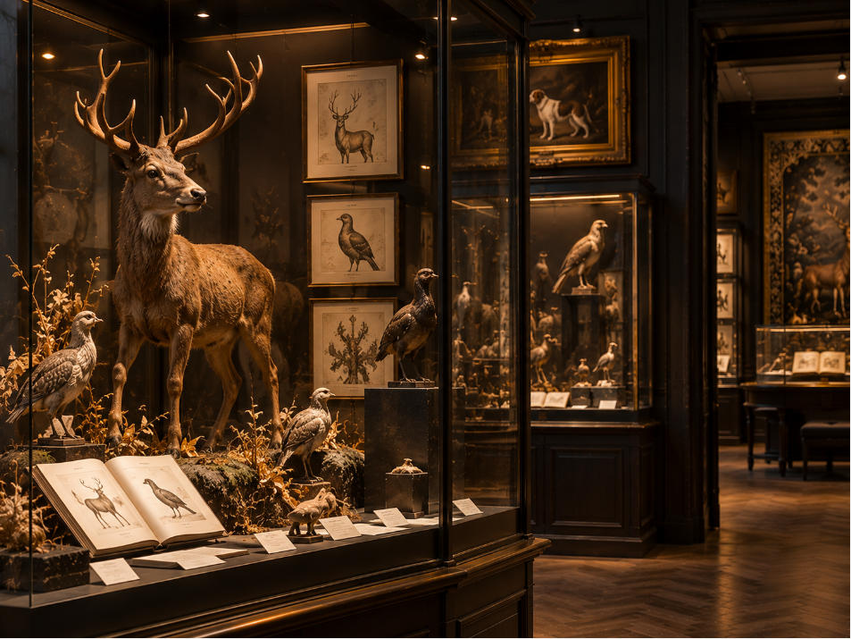 Natural history museum taxidermy display detail with dark wood brass glass and atmospheric lighting
