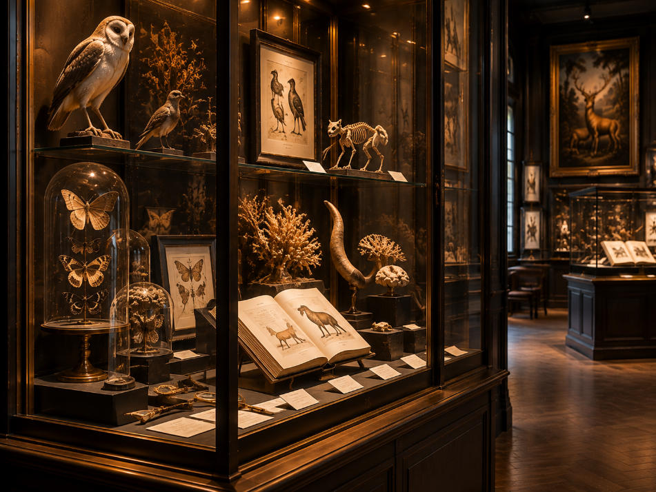 Vintage natural history museum showcase detail with dark timber brass black steel and warm yellow lighting