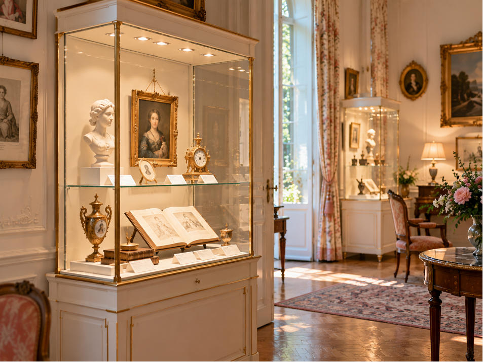 French romantic museum collection display with white wood brass and classical glass